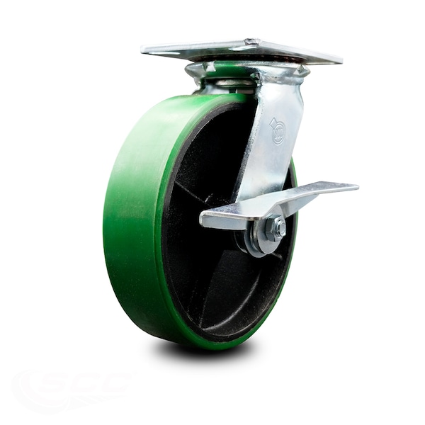 8 Inch Heavy Duty Green Poly on Cast Iron Caster with Roller Bearing and Brake